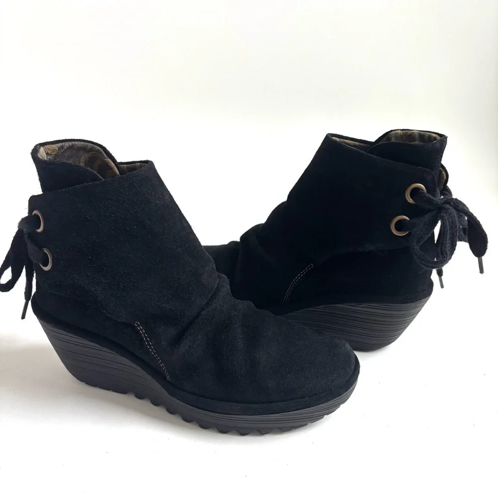 Fly London Yama Suede Wedge Ankle Boots Black Size EU 39 US 8-8.5